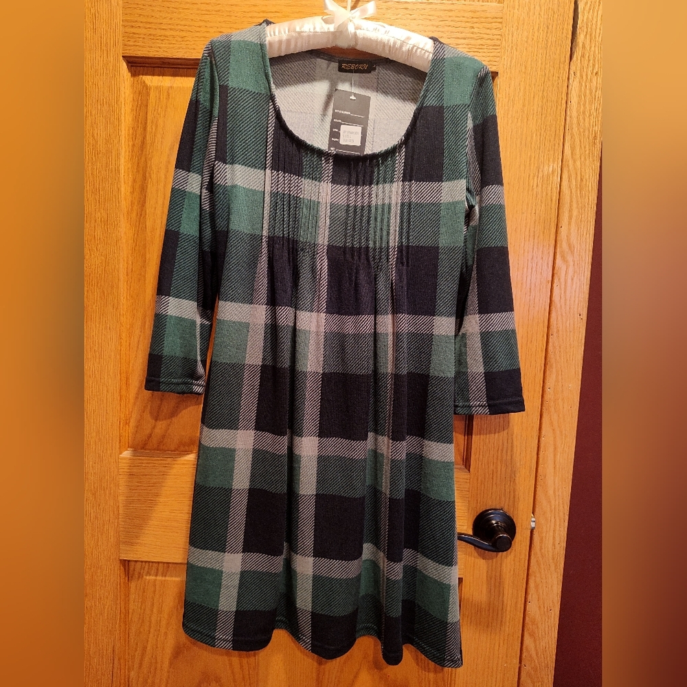 Reborn Plaid Green/Navy Dress, Large